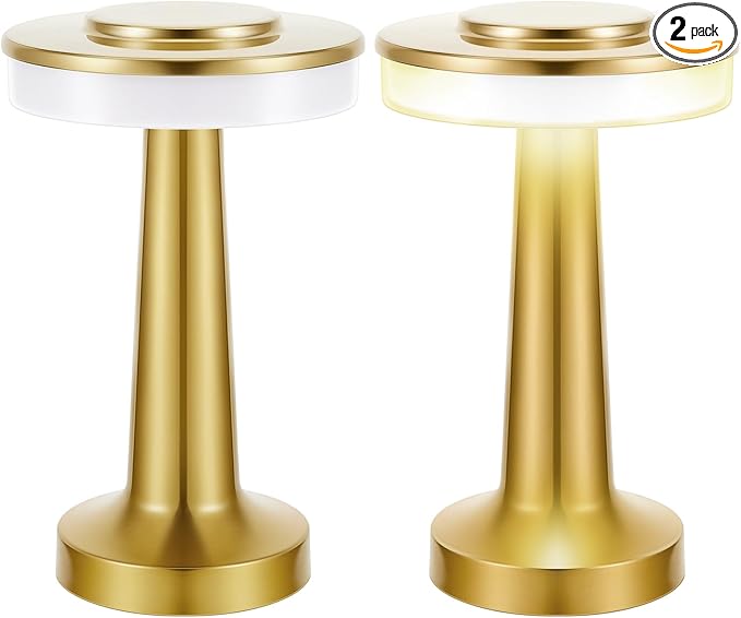 Riakrum Set of 2 LED Portable Cordless Table Lamp with Touch Sensor 3 Color Stepless Dimming Rechargeable Battery up to 15 Hours Cordless Table Light Wireless Lamp for Nursery (Gold,2 Pcs)