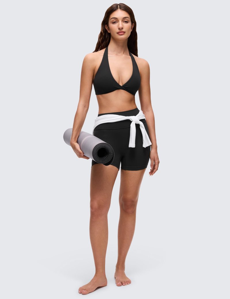 CRZ YOGA Butterluxe Double Lined Twist Halter Sports Bras for Women - Deep V Neck Crop Top Casual Open Back Non Padded Black Medium