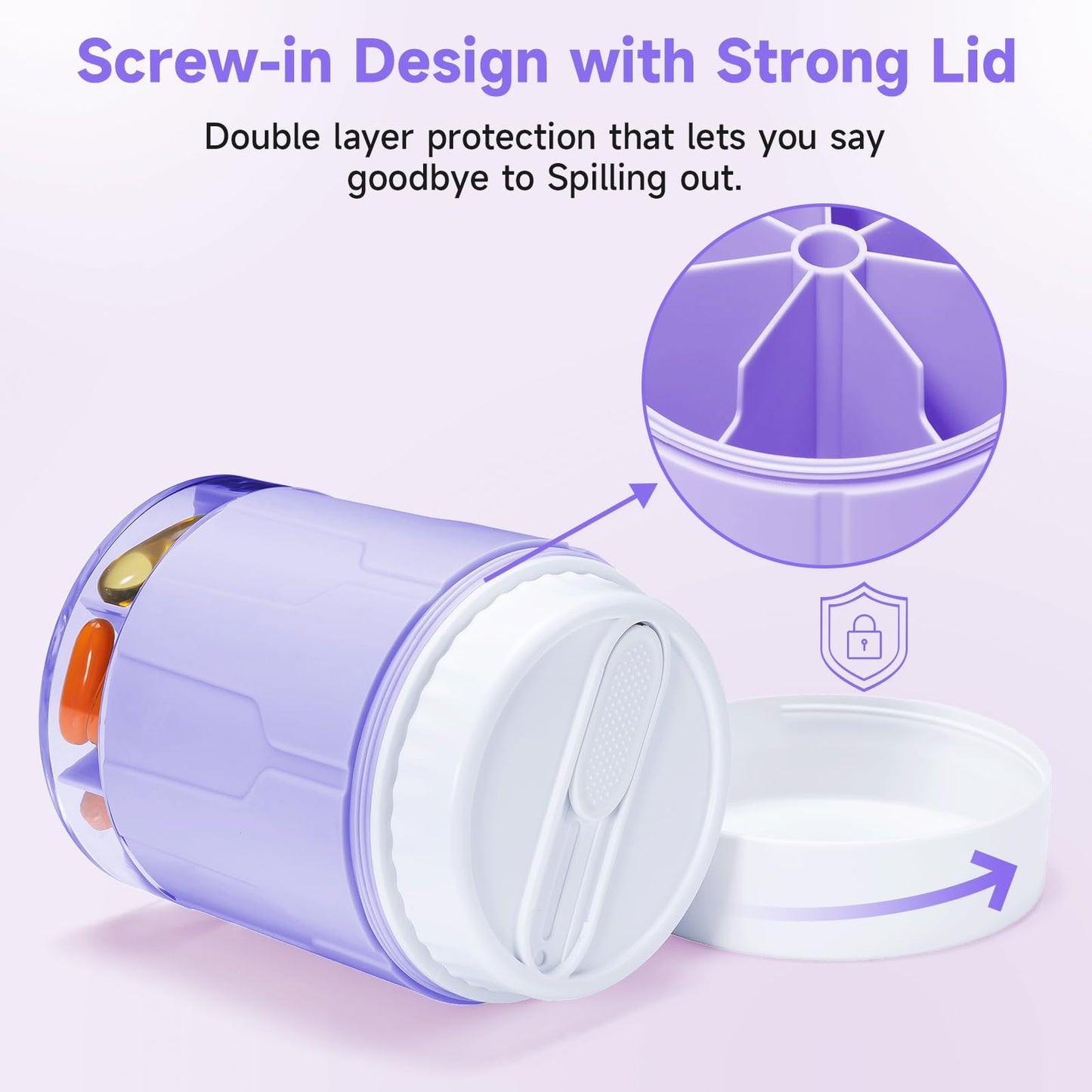 Daviky Pill Bottle Organizer, Supplement Organizer with 7 Large Compartments, Travel Pill Dispenser Round Pill Box with Two Lids（Purple）