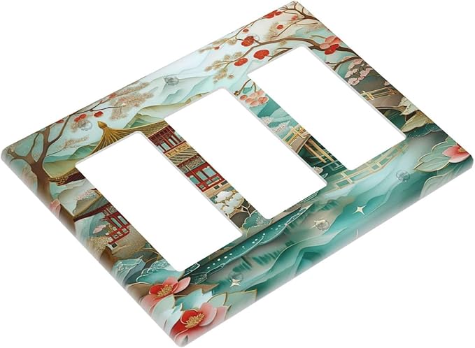 Asian Palace Traditional Bridge Cherry Blossoms 3 Gang Rocker Triple Outlet Wall Plate Decorative Switchplate Cover Faceplate GFCI Light Switch Covers for Farmhouse Living Decor
