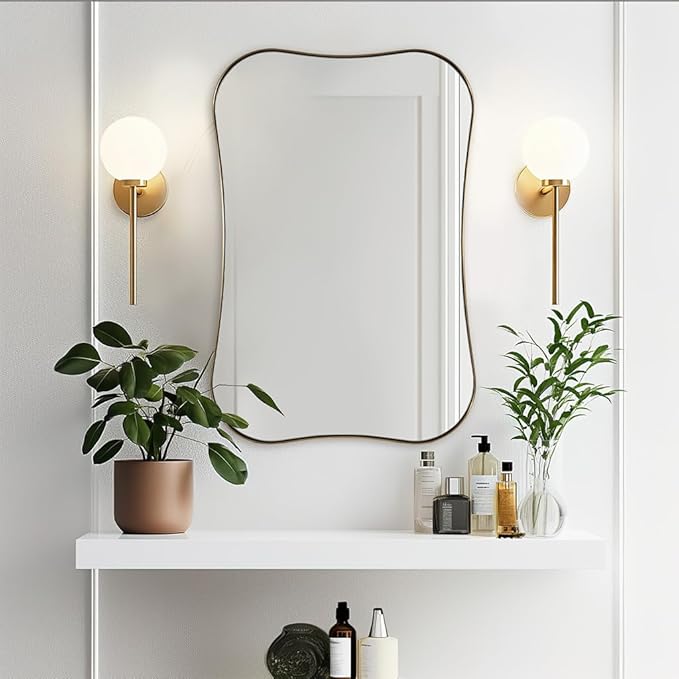 ANDY STAR 24x36 Inch Brushed Brass Scalloped Mirror, Modern Gold Bathroom Mirrors with Unique Notched Edges Design in 1 Inch Stainless Steel Frame Wall Mounted Horizontal/Vertical for Home Decor