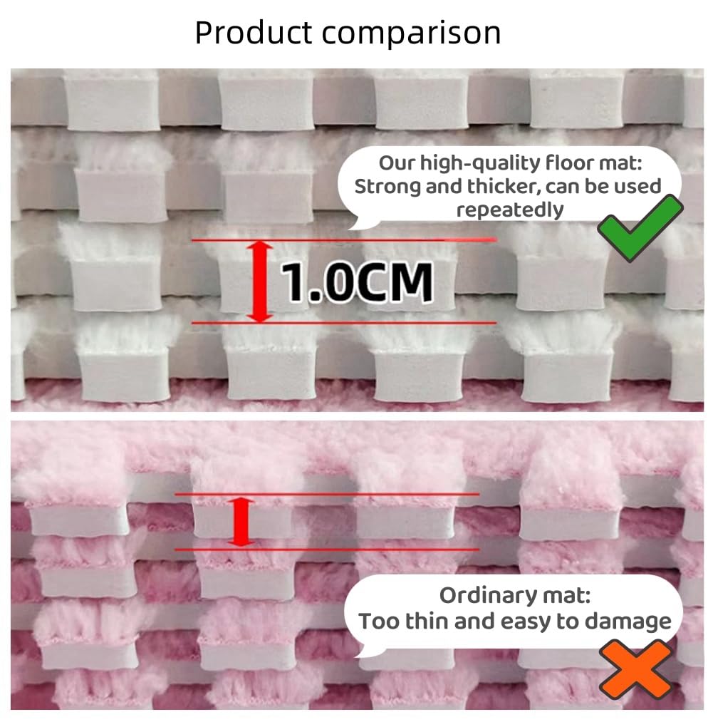 12pcs Carpet Squares Puzzle Floor Mat, Plush Interlocking Carpet Tiles, Anti Slip EVA Foam Jigsaw Floor Tiles, Build A Safe Area for Bedroom Playroom (Pink+White)