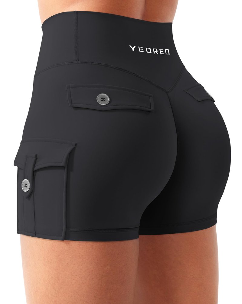 YEOREO CoreFlex Women Workout Gym Shorts with Cargo Pockets Hidden Scrunch 3.6" 4.5" Inseam No Front Seam Biker Shorts Black L
