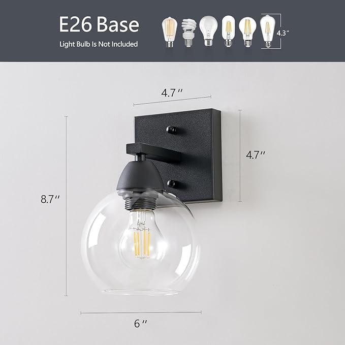 Bathroom Light Fixtures, 1-Light Matte Black Vanity Light with Hand-Blown Thick Glass Shade, High Clarity & Durable, Wall Sconce for Mirror, Kitchen, Bedroom, Hallway