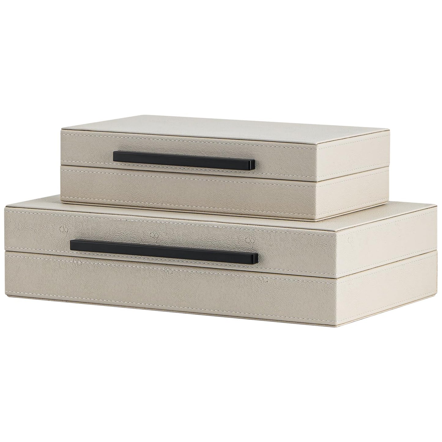 Set of 2 Beige Shagreen Decorative Storage Boxes with Black Metal Handles – Faux Leather Jewelry & Memory Boxes, Nesting Photo Organizers for Home Decor
