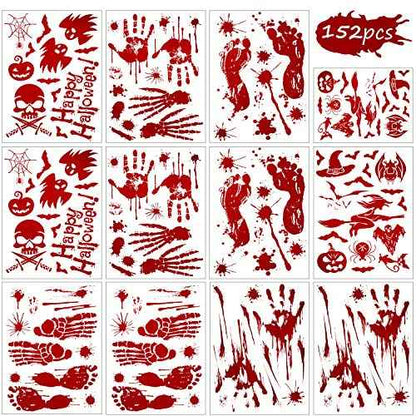Outus 152 Pcs Halloween Stickers Footprints Window Floor Decal Splats Wall Stickers for Halloween Winter Holiday Party Decorations, 12 Sheets