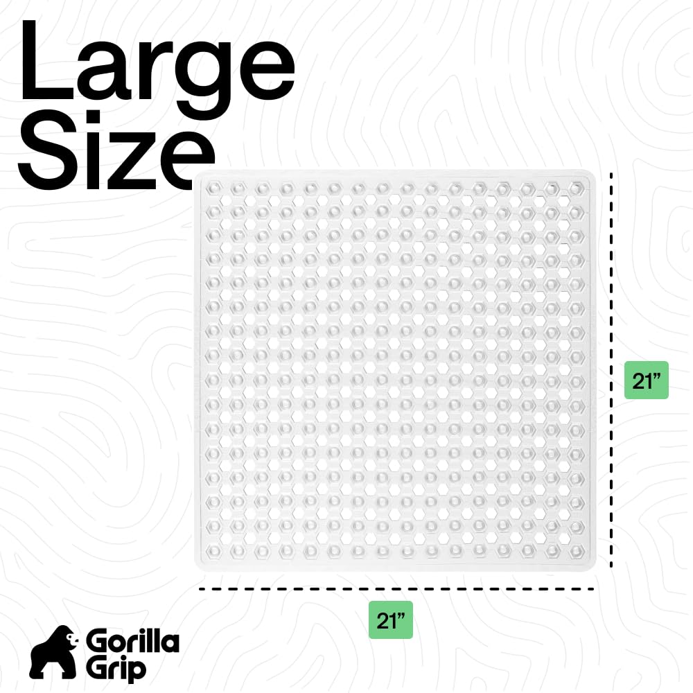 GORILLA GRIP Patented Square Shower Stall Mat, Small Bathtub Floor Mats for Stand Up Showers with Suction Cups and Drainage Holes, Machine Wash, Soft on Feet, Bathroom Accessories 21x21 Inch, Clear