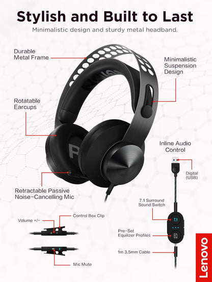 Lenovo Legion H500 PRO 7.1 Surround Sound Gaming Headset, Noise-Cancelling Mic, Memory Foam & PU Leather Earcups, Stainless Steel Headband, PC, PS4, Xbox One, Nintendo Switch, GXD0T69864, Black