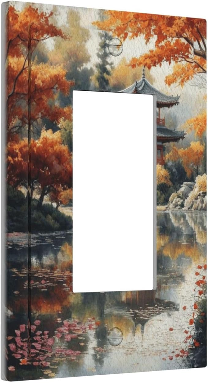 Decorative Art Light Switch Covers Lake & Pagoda in Fall 1 Gang Rocker Outlet Decorative Switch plate Faceplate GFCI Light Switch Covers for Home Decor