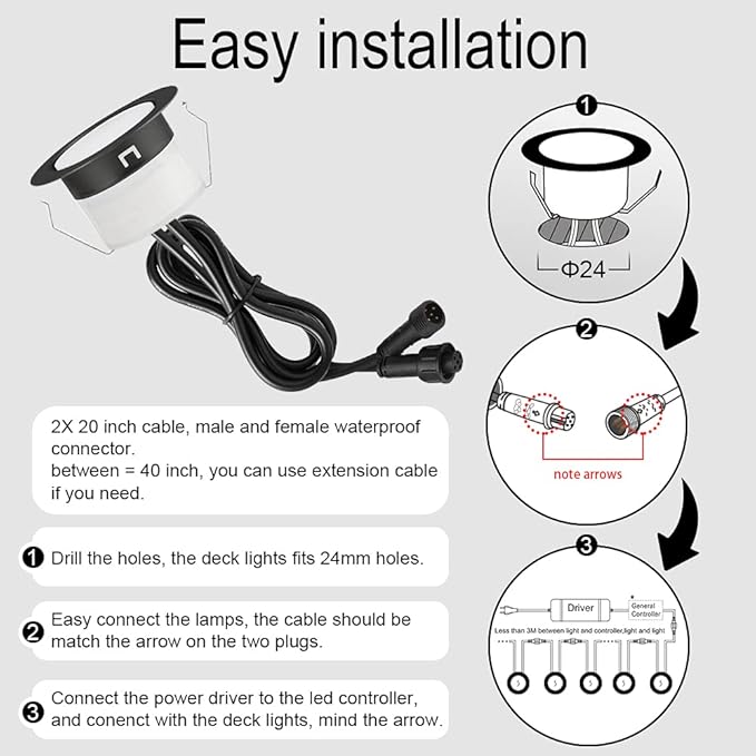 FVTLED Low Voltage Recessed RGBW Deck Light, 20pcs Φ1.22 RGB & Warm White Stainless Steel Waterproof Outdoor Step Lighting In-ground Landscape Pathway Patio Stair Decor Lamp, Black