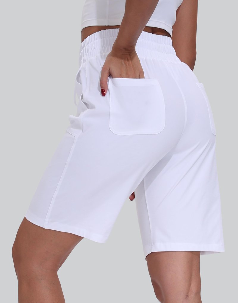 WEAREFO Women's Bermuda Shorts 10" Long High Waisted Comfy Jersey Knee Length Shorts with Pockets for Athletic Casual Wear (White, XL)