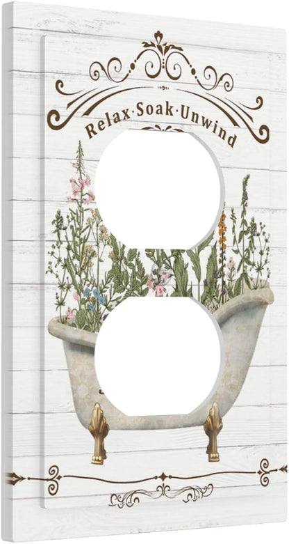 Rustic Farmhouse Wooden Board Botanical Flower 1 Gang Duplex Receptacle Switch Wall Plate Decorative Switchplate Outlet Covers Electrical Plug Cover Faceplate for Bathroom Home Decor