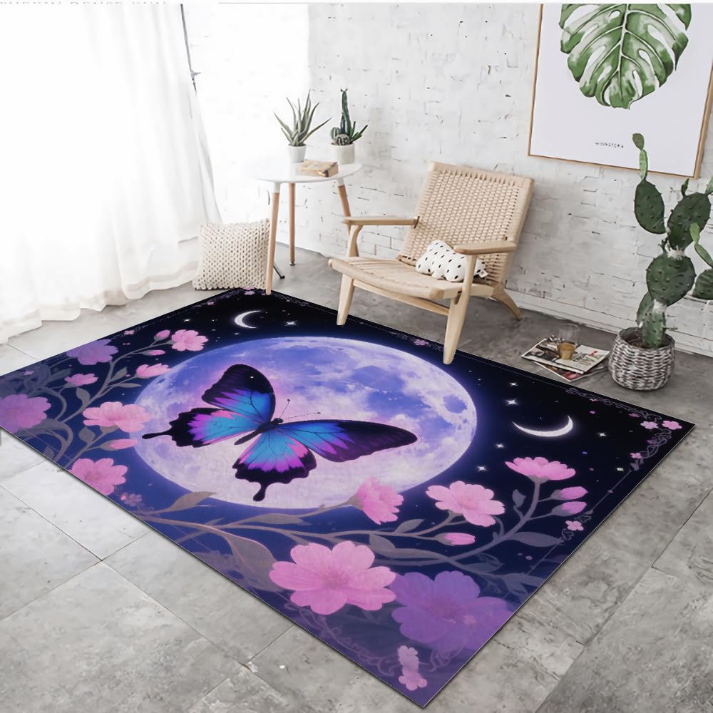 Pink Flower Plants Area Rugs, 3x4ft, Shining Planet Moon 3D Print Pattern Carpet, Washable Rugs Mat, with Nonslip Backing Thermal Carpet, for Indoor Bedroom Living Room Home Office