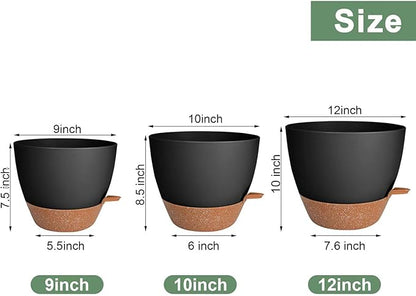 Plant Pots, Self Watering Planters for Indoor Plants with Drainage Hole, Plastic Flower Pot for Succulents, African Violet (Black, 12/10/9)