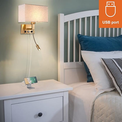 Bedroom Wall Sconces, Hardwired Wall Lamp with USB and Reading Lamp Fabric Shade Bedside Wall Lights with Reading Lamp for Bedroom Living Room Hotels Corridors (Brass)