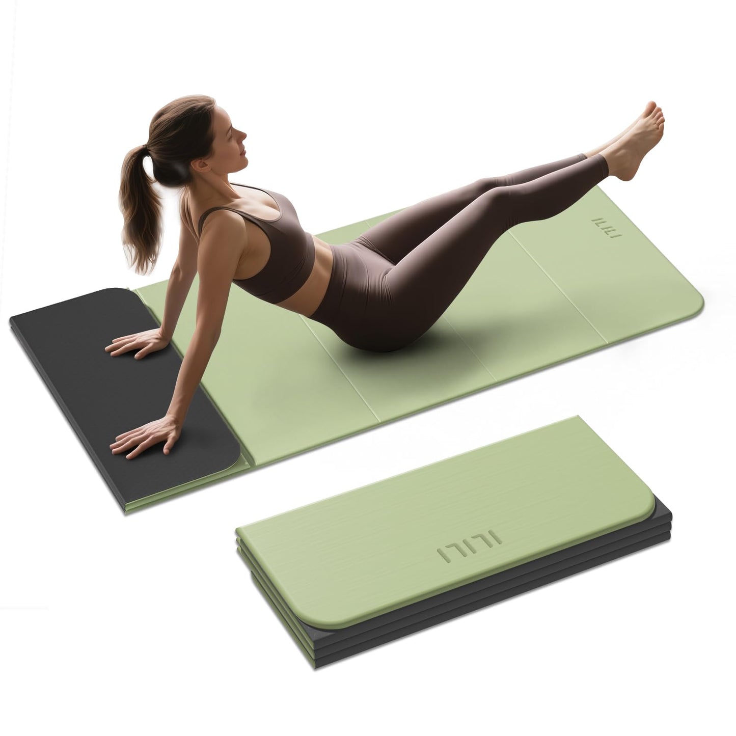 ILILI Foldable Yoga Mat, 10mm Thick, TPE Material, Extra Long 75"L x 26"W, Soft and Comfortable Folding Mat 0.4 Inches, Easy to Carry and Store, 190*66cm Portable Multi-Functional Use for Yoga, Home Exercise & Outdoor (Matcha Green+Black)