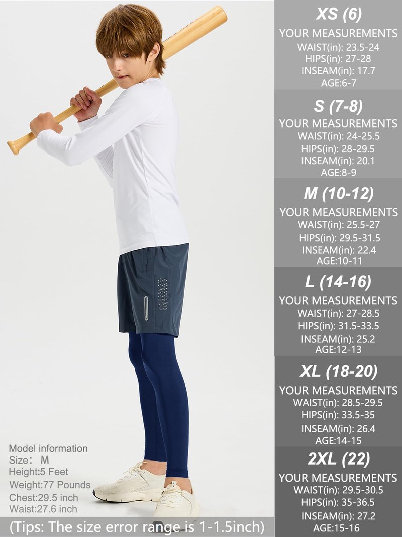DEVOROPA Boys Leggings Quick Dry Youth Compression Pants Sports Tights Basketball Base Layer White XS