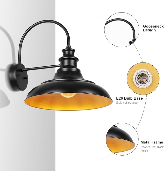 Outdoor Barn Light Fixture, 16 Inch Large Dome Farmhouse Exterior Wall Mount Light, Rustic Gooseneck Wall Sconce Indoor Wall Lighting Fixture, Industrial Black Gold Lantern for Porch, 1 Pack