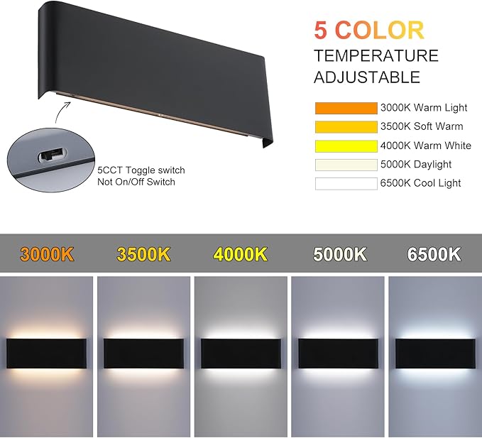15"Modern LED vanity light,20W Dimmable 5 CCT (3000K-6500K) Adjustable Wall Lamp,Up and Down Wall Lighting,Indoor Wall Sconce for Bedroom,Staircase,Hallway,Dressing Table, 2Pack（Black）