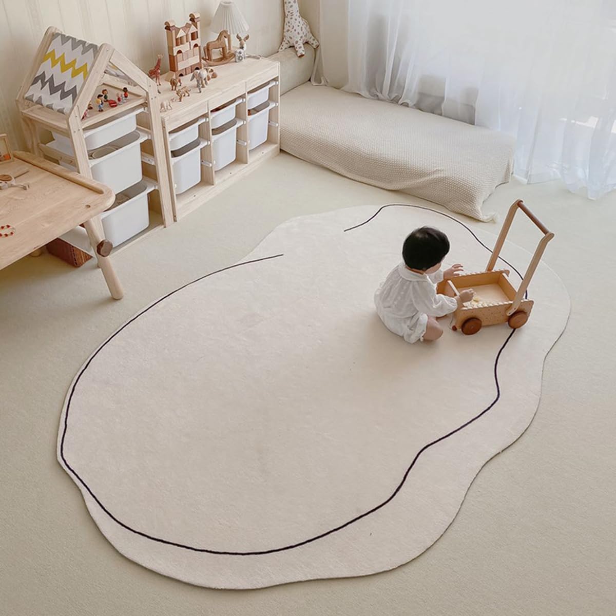 Irregular Shape Modern Minimalist Line White Rug 4x6 Boho Chic Washable Area Rug for Living Room Bedroom Diningroom Art Deco Home Office Carpet