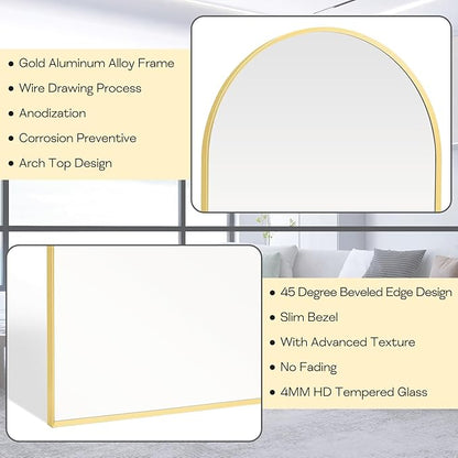 Large Gold Arched Mirror, 30" x 40" Modern Brushed Metal Frame Arch Wall Decorative Mirror, Arched Top Bathroom Vanity Mirror for Living Room Bedroom Hallways Entryway