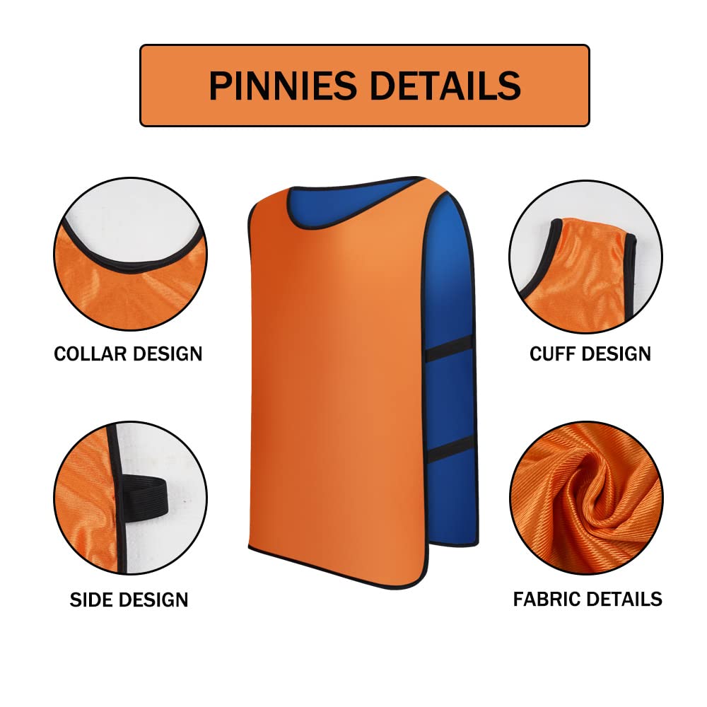 Saaifuu 12 Pack Reversible Numbered Pinnies, Double Sided Scrimmage Vest,Team Practice Jerseys for Kids and Adult(Orange/Dark Blue, M)
