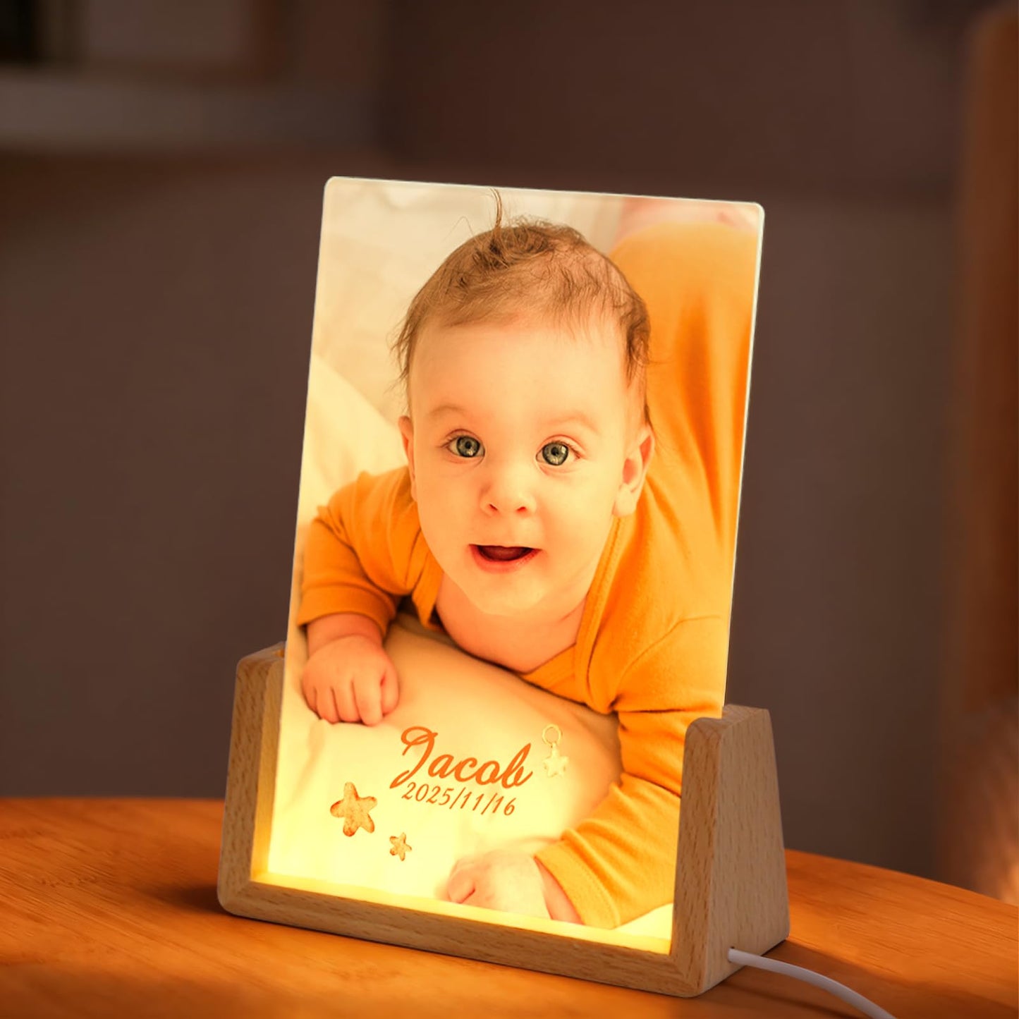 PYD Life 2 Pack Sublimation Night Lights Blanks LED Glass Photo Frames Panels White 5" x 7" with Warm Light,with Wood Stand for Custom Photos Designs, DIY Gifts for Couples, Family