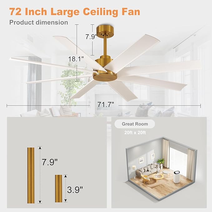Depuley 72 inch Ceiling Fan without Light, Modern Large Ceiling Fan No Light with Remote Control, Indoor Ceiling Fans for Office Kitchen Living Room, 8 Blades 5-Speed Quiet Reversible DC Motor