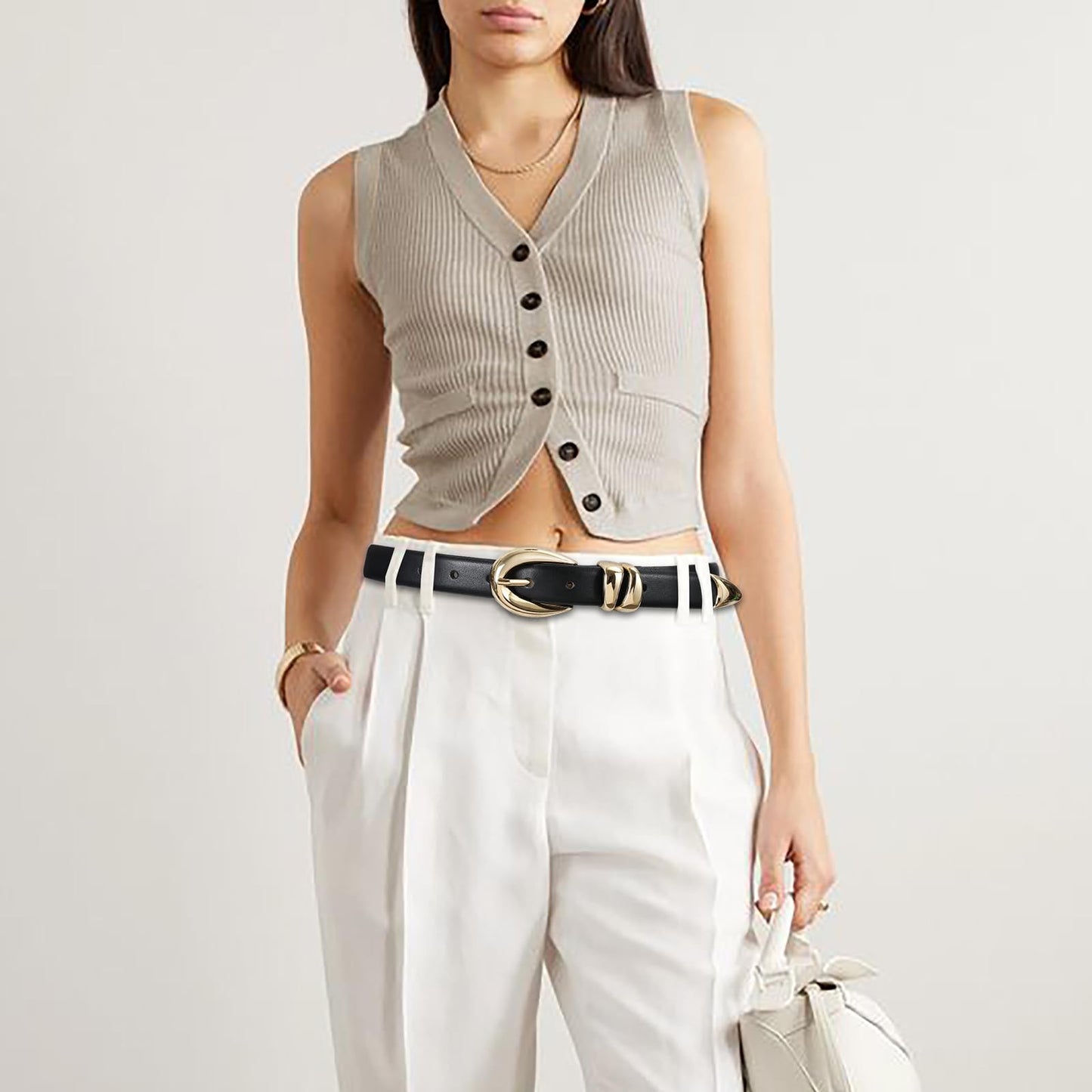 RISANTRY Black Leather Belt for Women Stylish Design with Gold Buckle Ladies Black Belt Perfect for Jeans Dresses