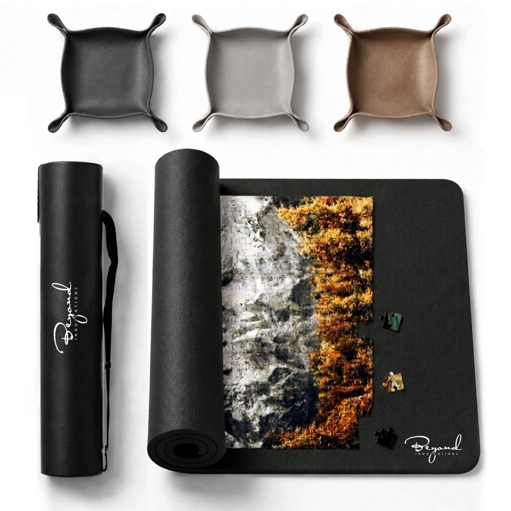 Jigsaw Puzzle Mat Roll Up – 47" x 26" | 3 Sorting Trays, 3 Fastening Straps, Foam Tube, & Travel Friendly Storage Bag | Non-Slip Rubber Puzzle Matt Rollup - Up to 1500 Pieces