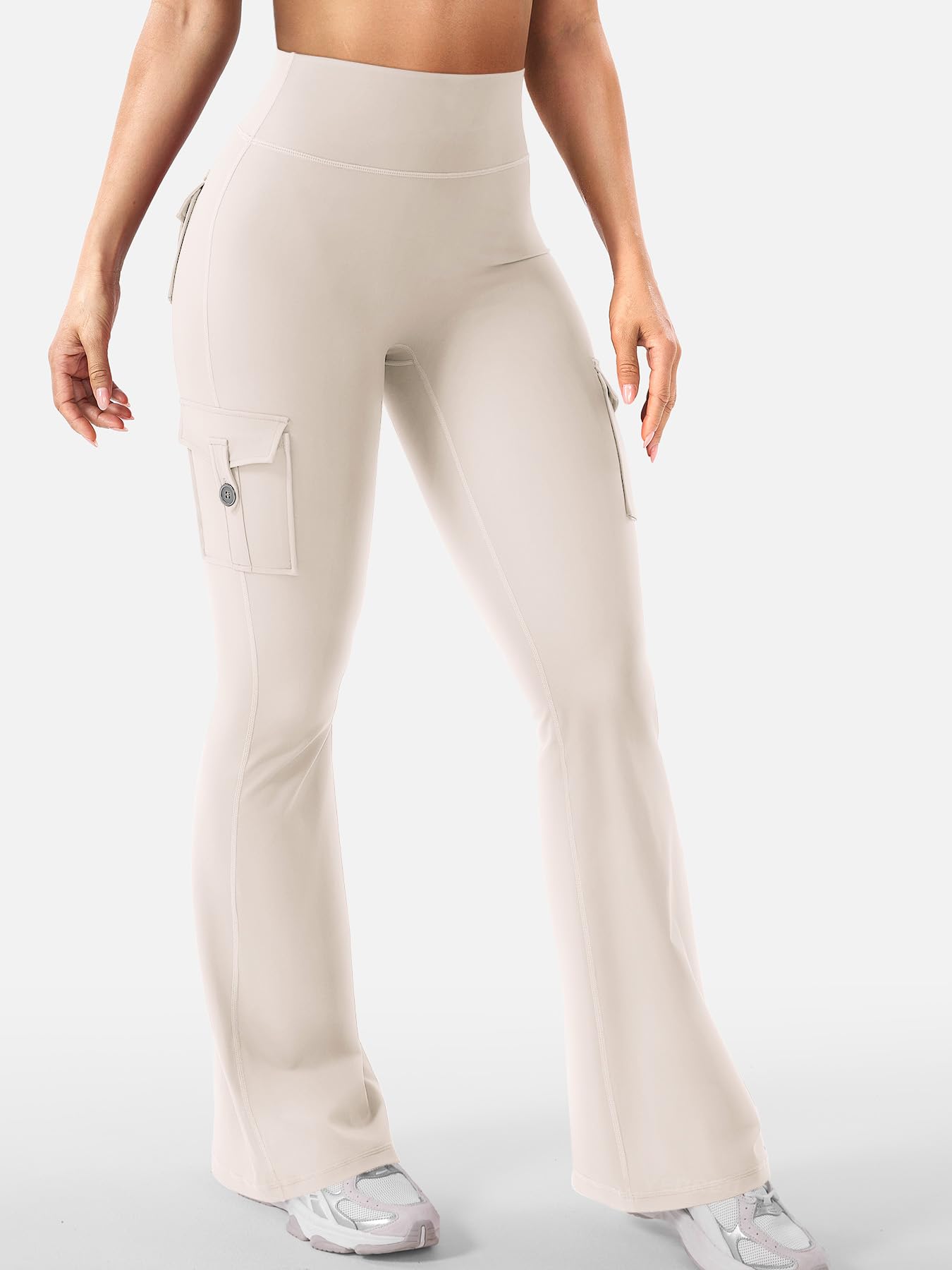 YEOREO CoreFlex Women Workout Flare Leggings with Pockets Hidden Scrunch Cargo Gym Yoga No Front Seam Leggings Light Khaki M