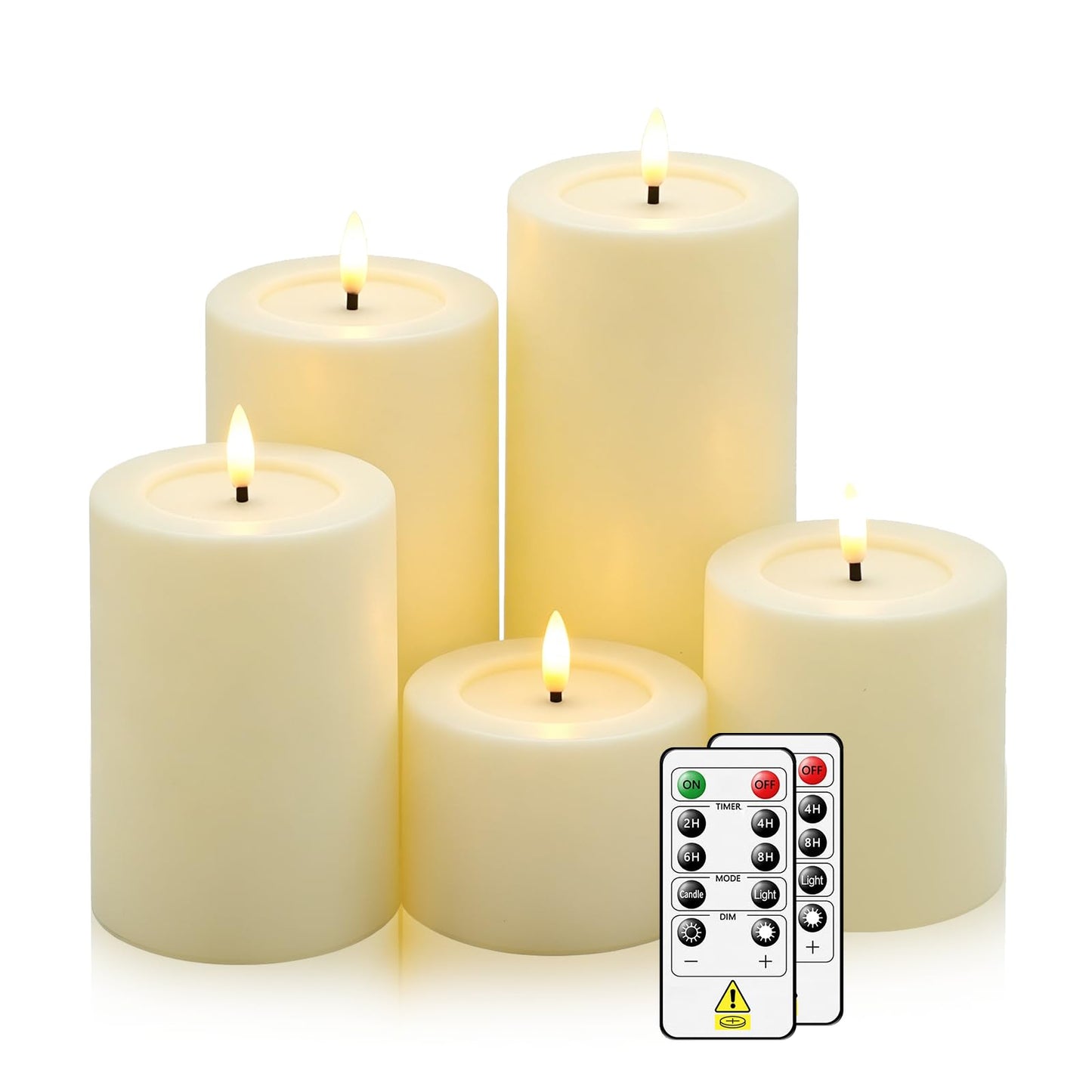 kakoya 5 Pack Flickering Flameless LED Candles with Remote,D3 x H3/4"/5"/6"/7" Battery Operated Pillar Candles Only Need 1 AA Battery Each for Home Wedding Holiday Decor,Ivory
