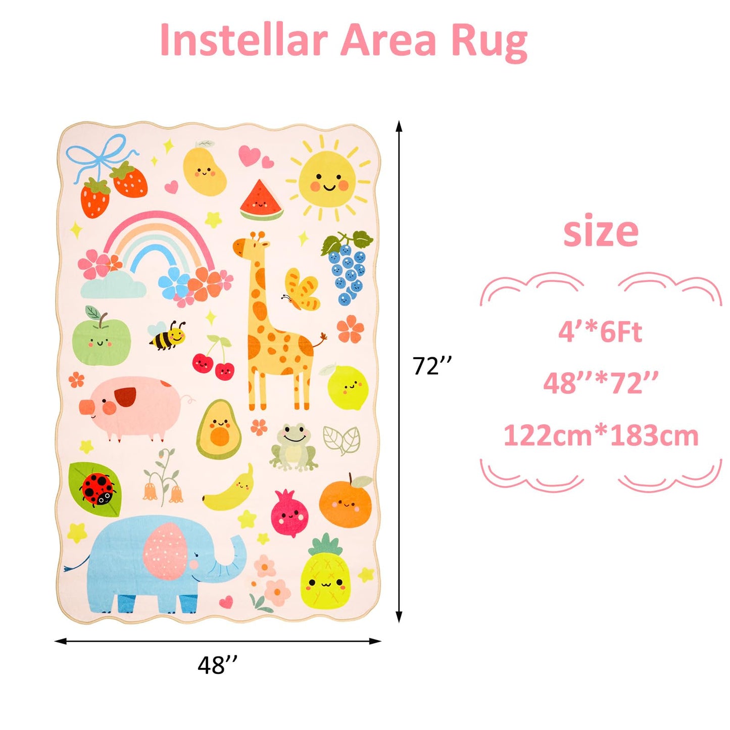 Instellar 4x6 Washable Kids Rug – Cute Animal Design, Non-Slip Wave Low Pile Carpet,Soft & Easy Care for Living Room Nursery Playroom Bedroom for Boys & Girls,Pink