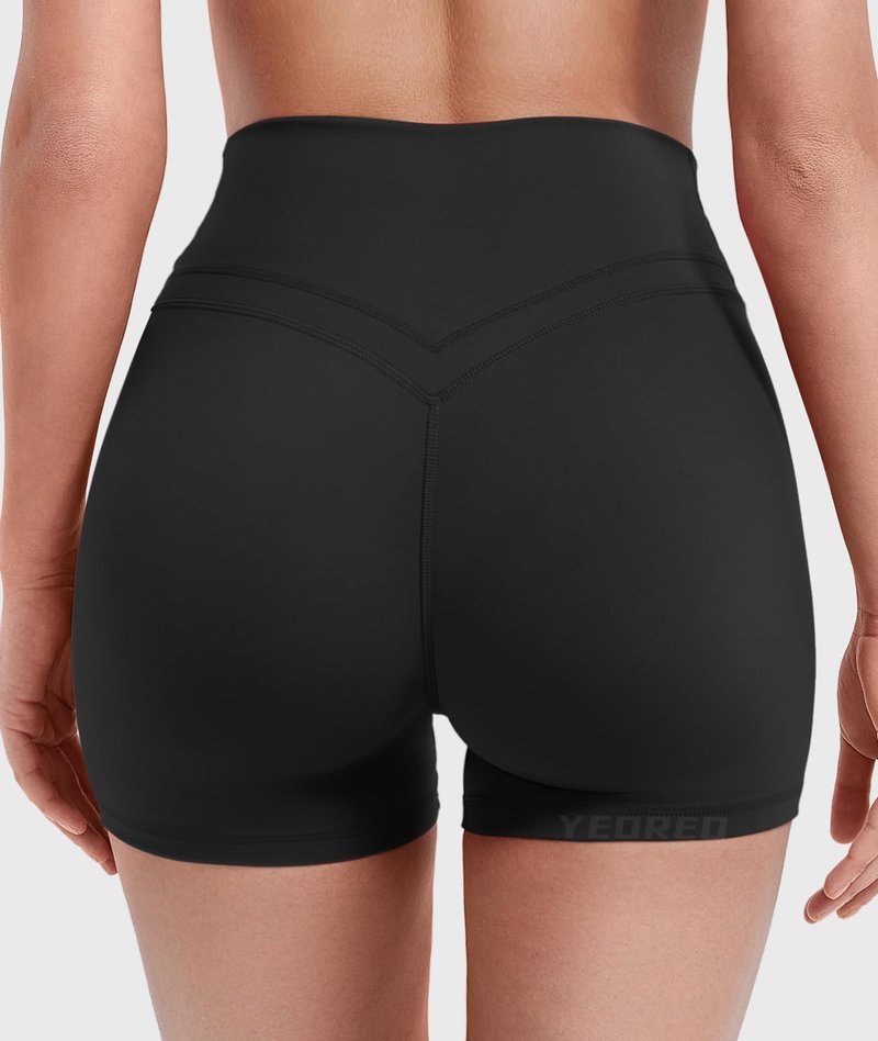 YEOREO Gym Workout Shorts for Women High Waisted Tummy Control Hidden Scrunch 4.5" Booty Shorts Julissa Cross Waist Yoga Black