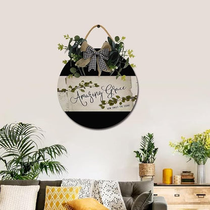 Amazing Grace Front Door Sign Funny Wreaths Hanging Wooden Plaque Decoration Round Rustic Wood Farmhouse Porch Decor for Home Front Door Decor, 12 x 12 Inch