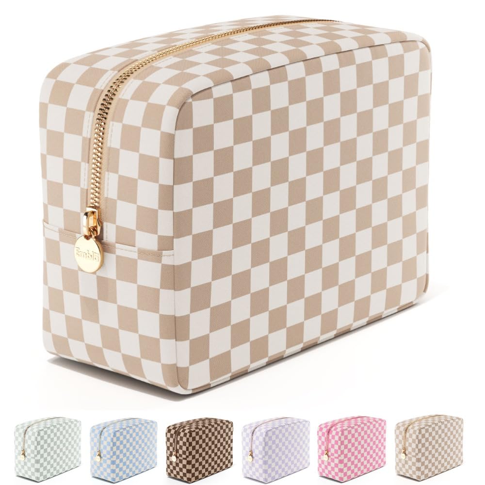 Embla Makeup Bag Travel Cosmetics Pouch and Toiletry Bag, Nylon Zipper Pouch Purse, Cute Make Up Organizer Storage Tote for Women Girls, Travel Skincare Case, Large Makeup Case, Sand Checkered