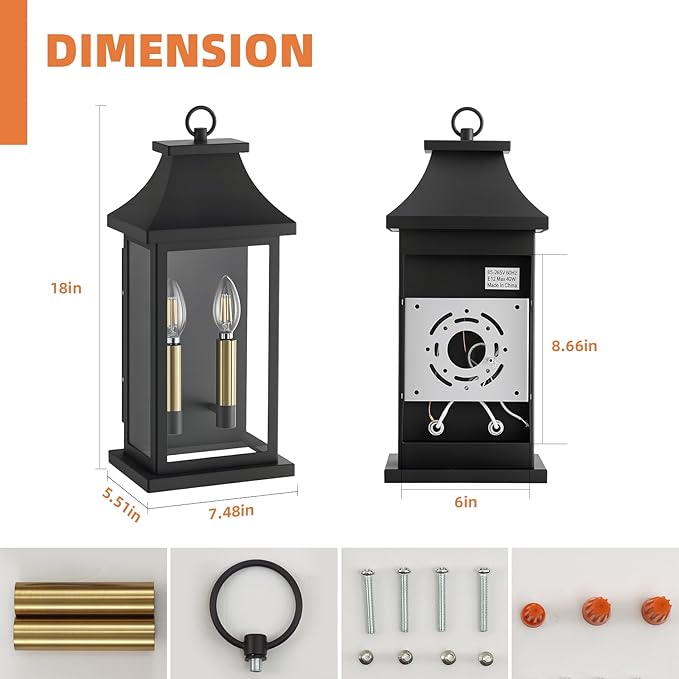 tewei 18'' Outdoor Wall Lights, Porch Light Outdoor Wall Sconce Lantern, 2-Light Black Exterior Lighting Fixture Wall Mount E12 Gold Base, Outside Light for House Backyard Garage, 2-Pack