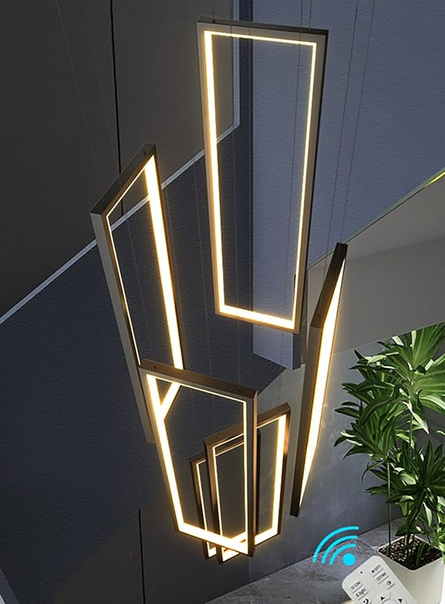 Flashing God Modern Chandelier,Black Chandeliers with 6 Ring Led Foyer Chandelier,Larger High Ceiling Chandeliers for Living Room,Rectangle Chandelier for Entryway Staircase LED Dimming 2700k-6001k