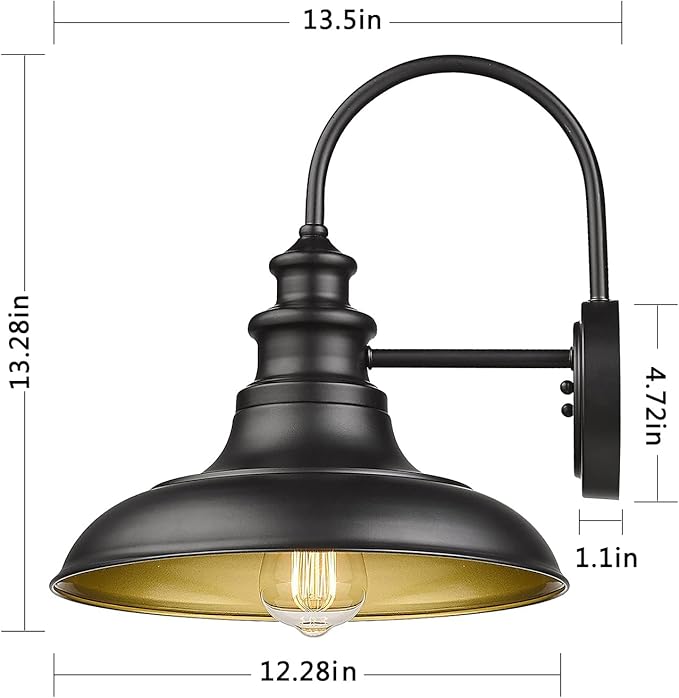 Outdoor Barn Light Fixture, 12.3 Inch Large Dome Farmhouse Wall Mount Light Gooseneck Wall Sconce Exterior Wall Lighting Fixture Industrial Black Finish Lantern for Porch with Gold Interior, 1pack