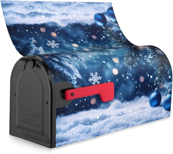 Festive Magnetic Mailbox Cover Winter Christmas Blue Ball Pattern Outdoor Mailbox Protector Holiday Seasonal Decorative Garden Yard Home Large Size 25.5 x 21 Inch