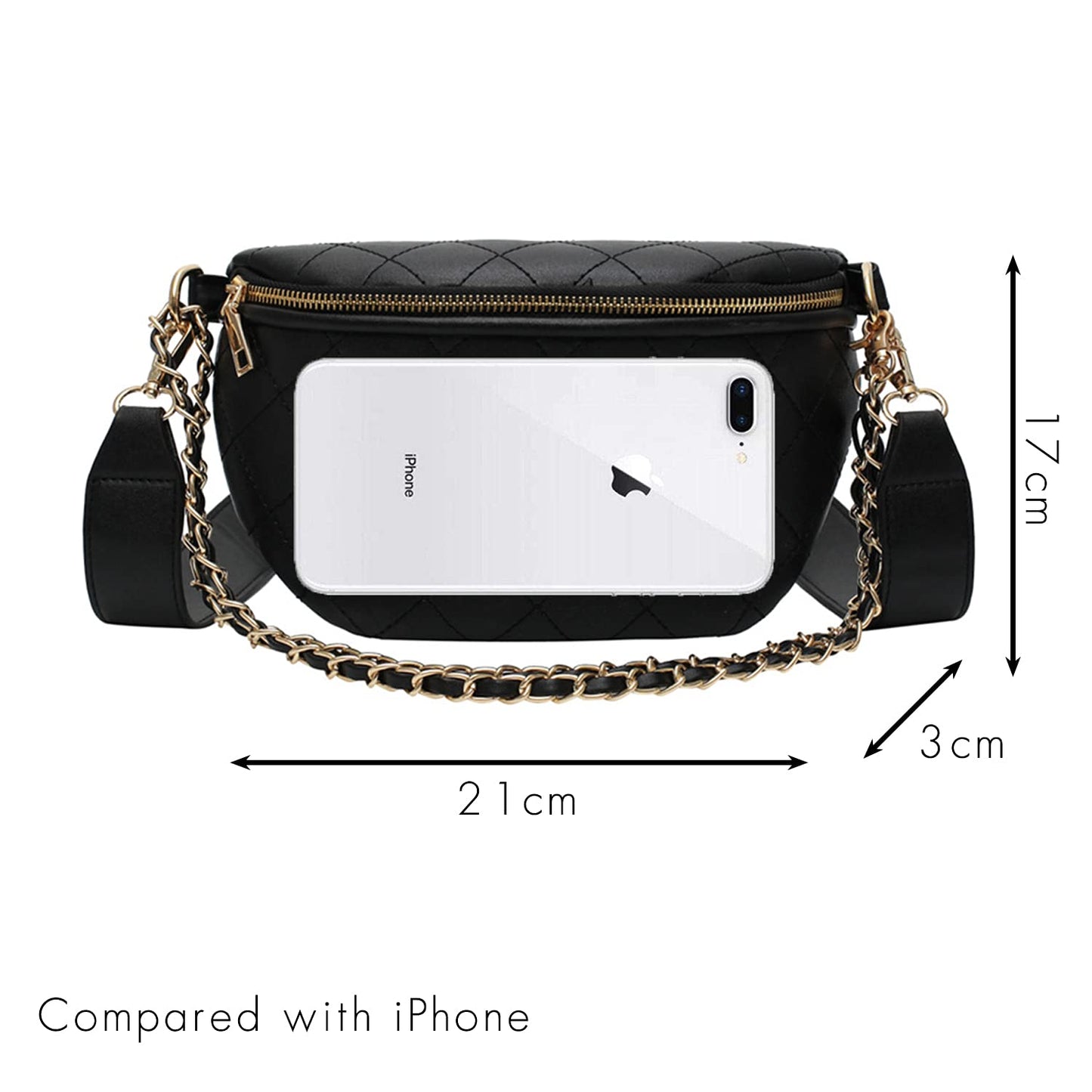 Leather Fanny Pack for Women Crossbody, Dressy Belt Bag with Gold Chain - Black Luxury Waist Purse(Black-2)