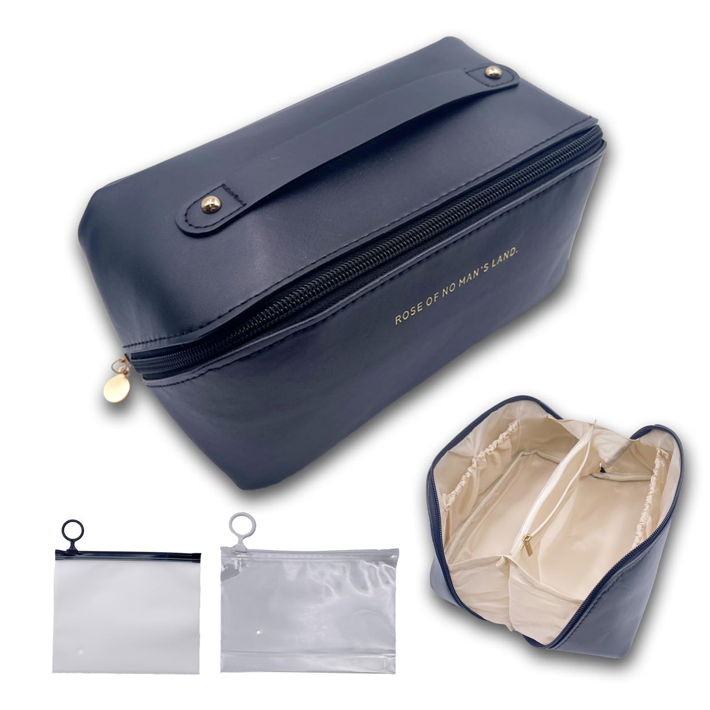 Meruya Travel Makeup Bag with 2 Mini Bags, Open Flat Makeup Bag, Large Capacity Cosmetic Bag with Divider, PU Leather Toiletry Bag for Women Waterproof, Make up Organizer with Handle, Portable Pouch