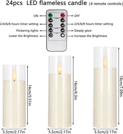 24 Packs of Acrylic LED Candles, Flickering Flameless Candles Battery Operated with Remote Dimmed and Timed, 3D Wick Candles for Home Decor,Wedding,Gift，Parties and Festivals. (3 Size)