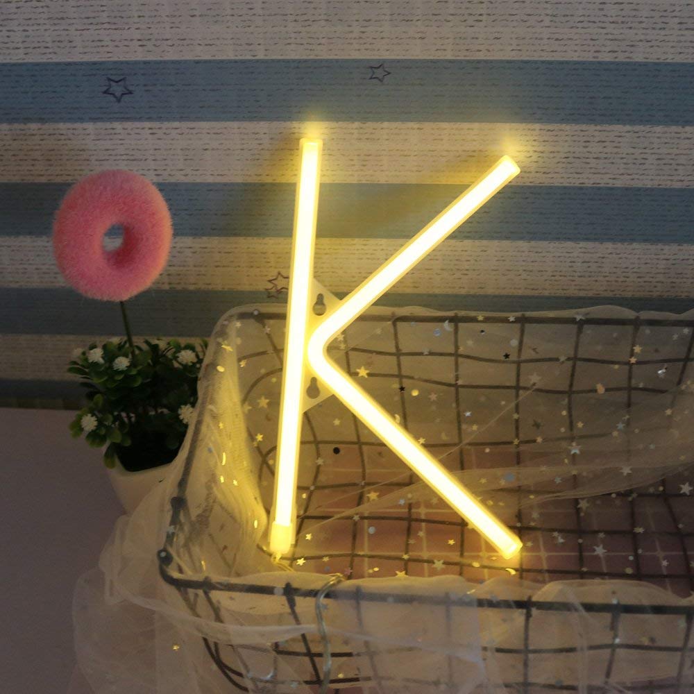 ENUOLI Neon Letter Sign Night Lights LED Warm White Alphabet Neon Art Lights Battery/USB Operated Neon Wall Decor Light up Words for Wedding Birthday Party Christmas Home Bar Decoration (K)