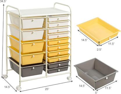 Giantex 15-Drawer Organizer Cart Office School Storage Cart Rolling Drawer Cart for Tools, Scrapbook, Paper (Yellow)