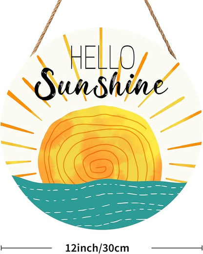 Summer Wreaths for Front Door Hello Sunshine Welcome Sign Summer Sunshine Decoration Wooden Door Hanger Sunset over Sea Farmhouse Hanging Plaque Sign for Home Porch Indoor Outdoor Outside 12”x12”