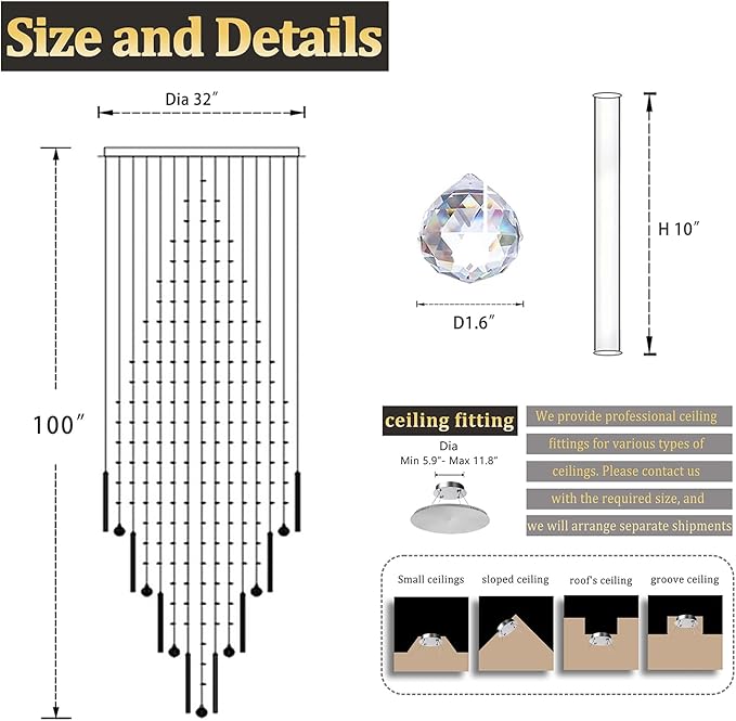 Flashing God D32''X H100'' Modern Crystal Chandelier, Raindrop Chandelier for Entryway, Large Chandeliers for High Ceilings, Staircase, Foyer, Living Room, 4-Tier Hanging Light Fixture