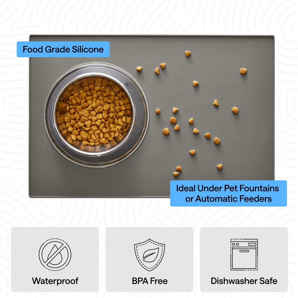 GORILLA GRIP 100% Waterproof Raised Edge BPA Free Silicone Pet Feeding Mat, Dog Cat Food Mats Contain Spills Protects Floors, Placemats for Cats and Dogs Water Bowl, 18.5x11.5, Gray