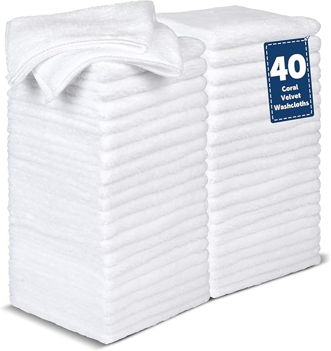 40 Pack White Coral Velvet Washcloths Bulk, Highly Absorbent and Soft Face