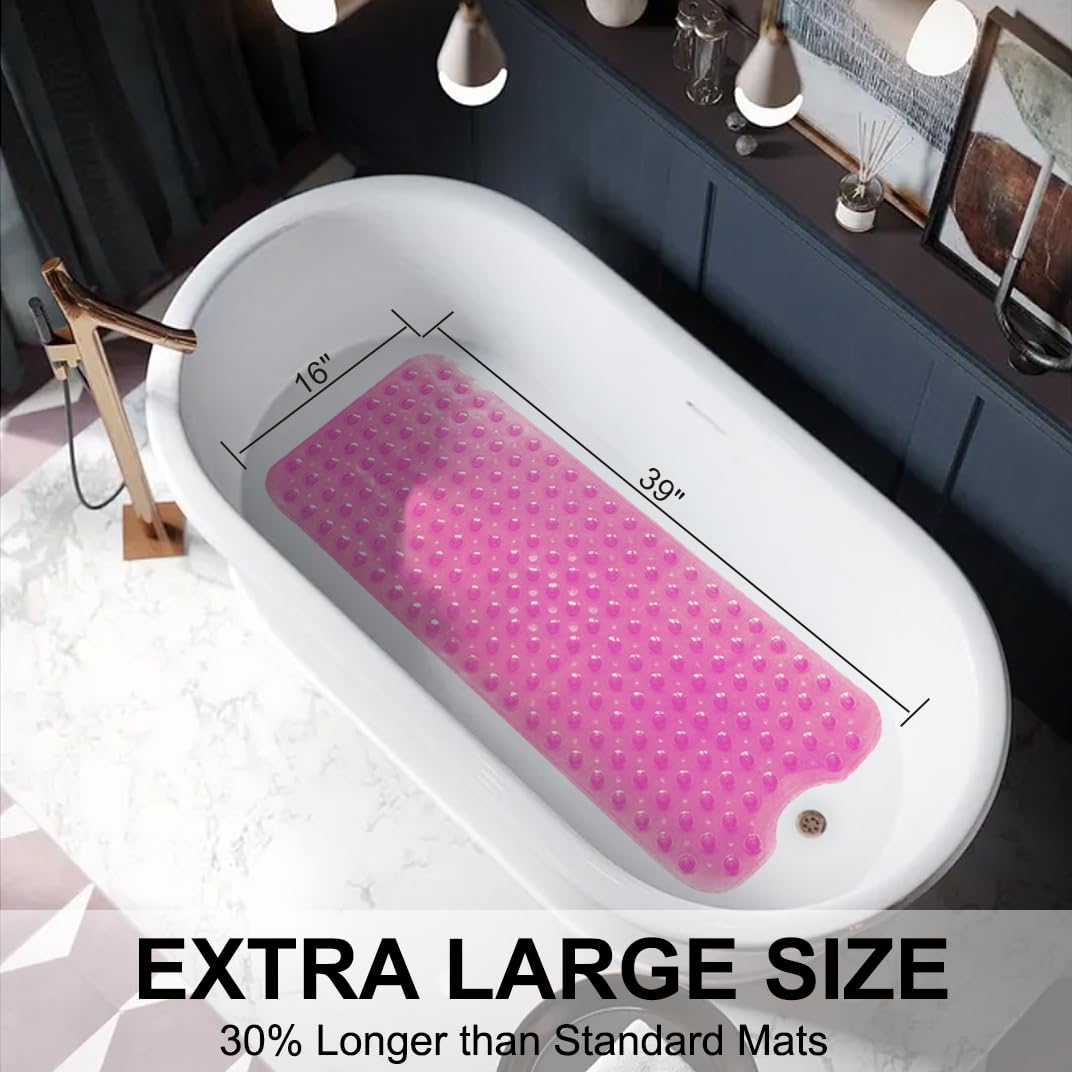 TreeBud Bathtub Mats for Shower Tub Non-Slip Bath Mat 39 x 16 Inch Extra Long Shower Mat, Bath Tub Mat for Bathroom with Machine Washable, BPA Free for Kids (Clear Hot Pink)